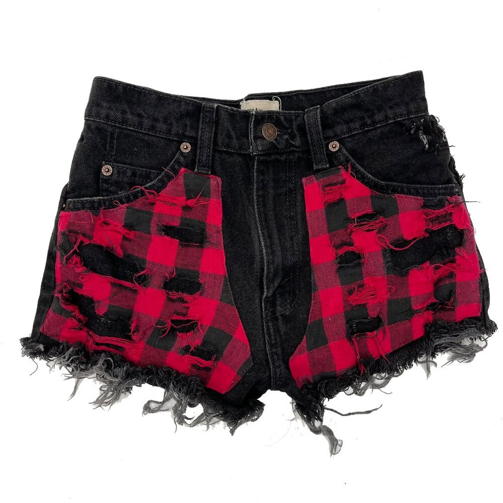 Furst of a Kind Distressed Plaid Flannel Cut Off Jean Shorts Womens 26